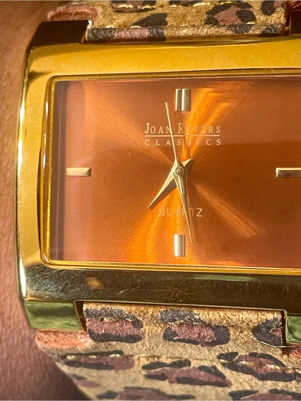Joan Rivers Gold-Tone Rectangular Watch with Leopard Brown Leather Band. Sz.8